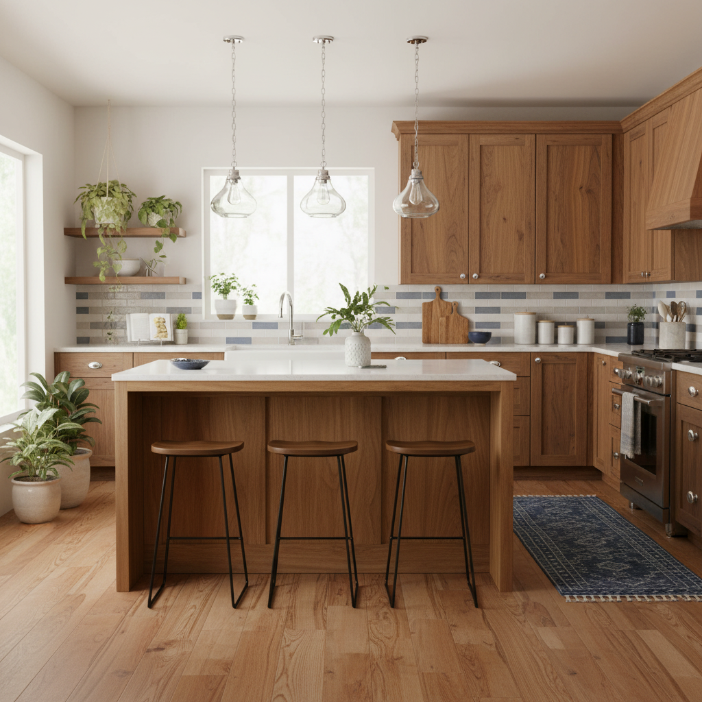 Basic simple cabinet drawer knob in polished chrome in a warm wood kitchen 