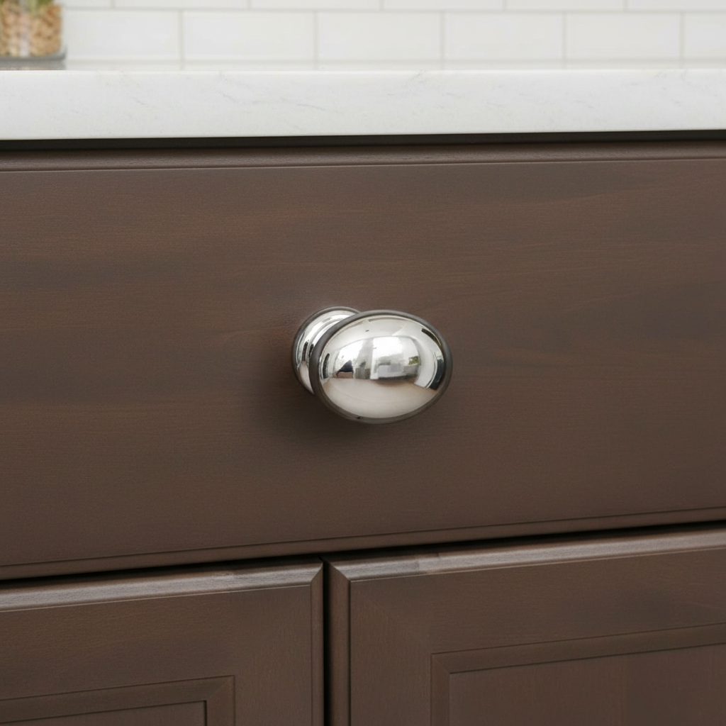Basic simple cabinet drawer knob in polished chrome on a brown drawer