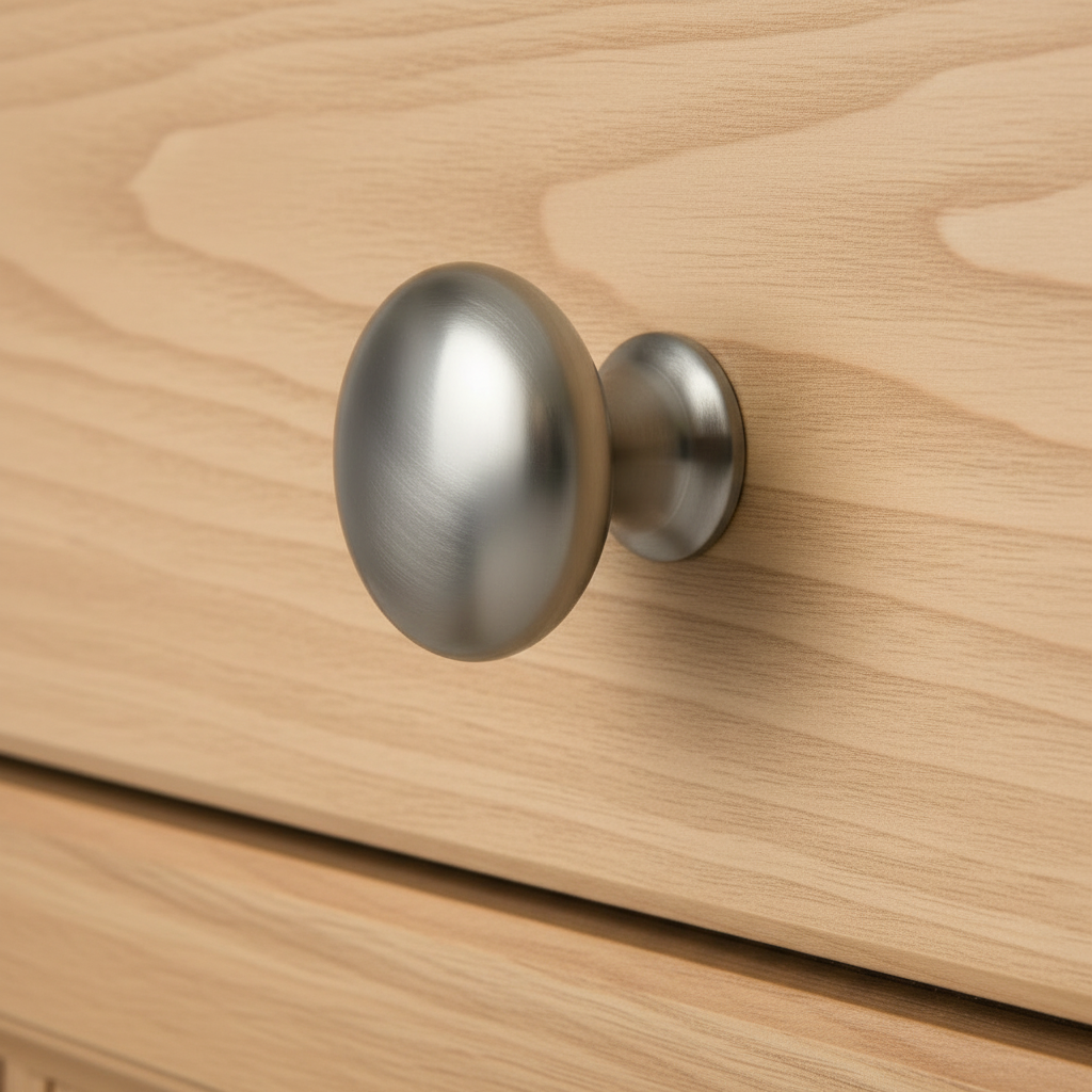 silver satin nickel cabinet knob on a wooden drawer