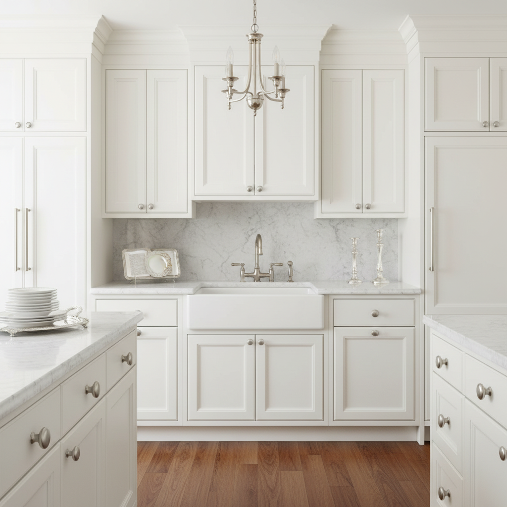 White kitchen with marble countertops and a chandelier.