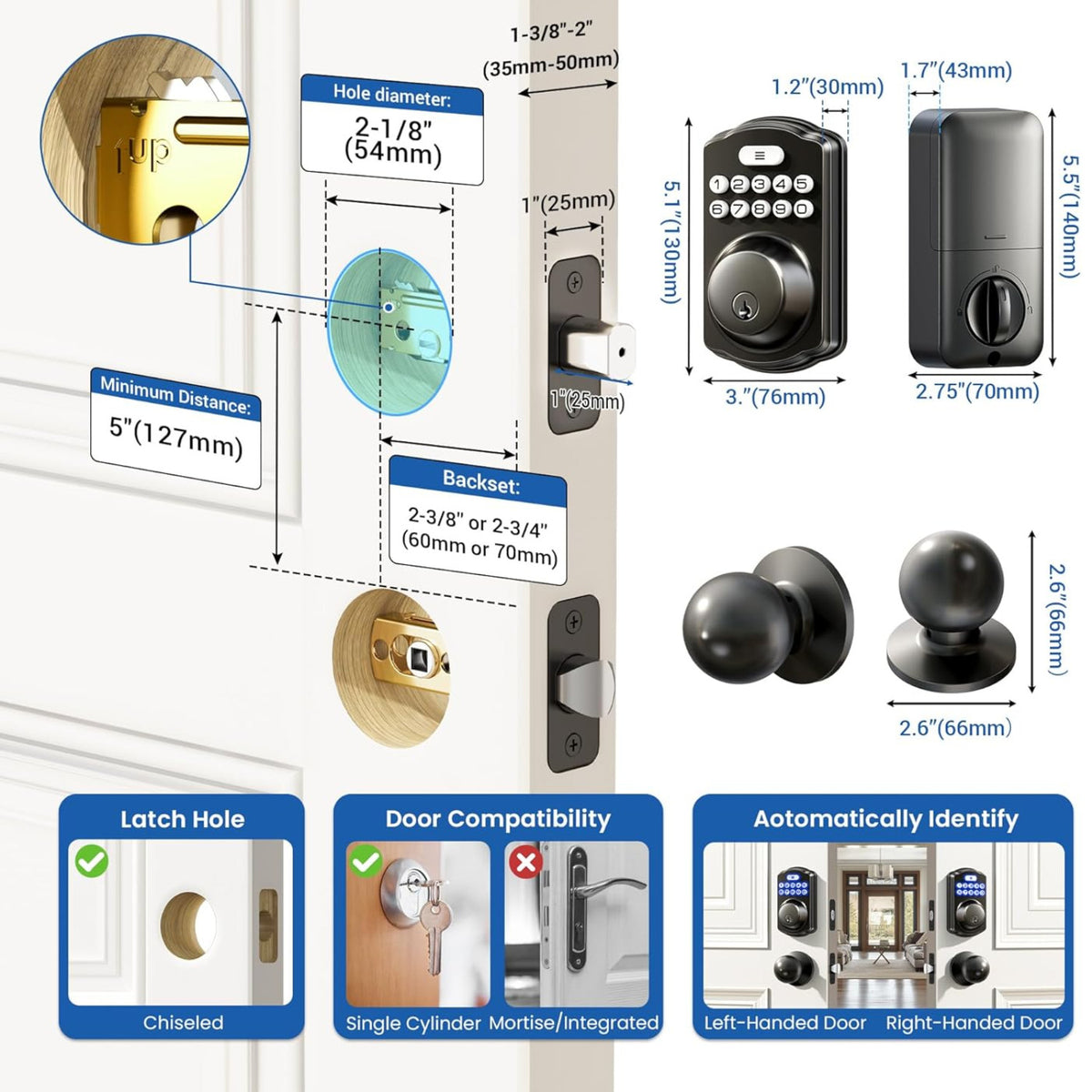 Keyless Entry KS01C Matte Black Keypad Deadbolt with Door Knob