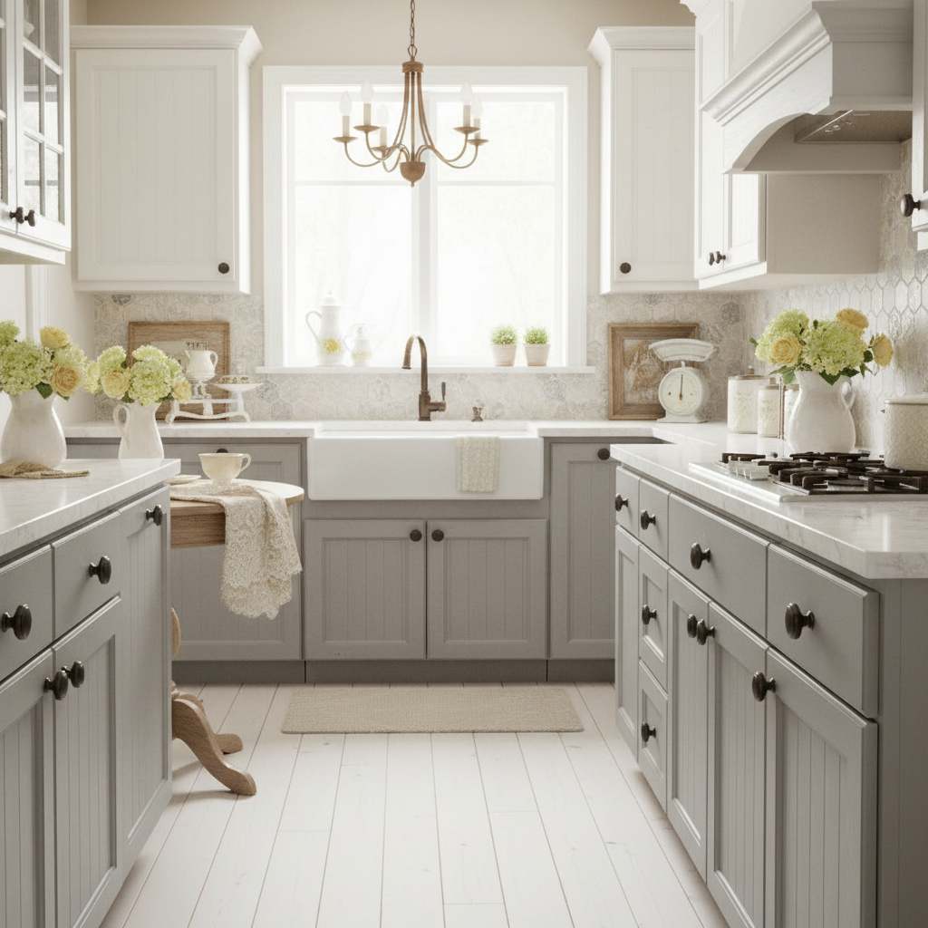 Modern kitchen with white cabinets, marble countertops, and a chandelier.
