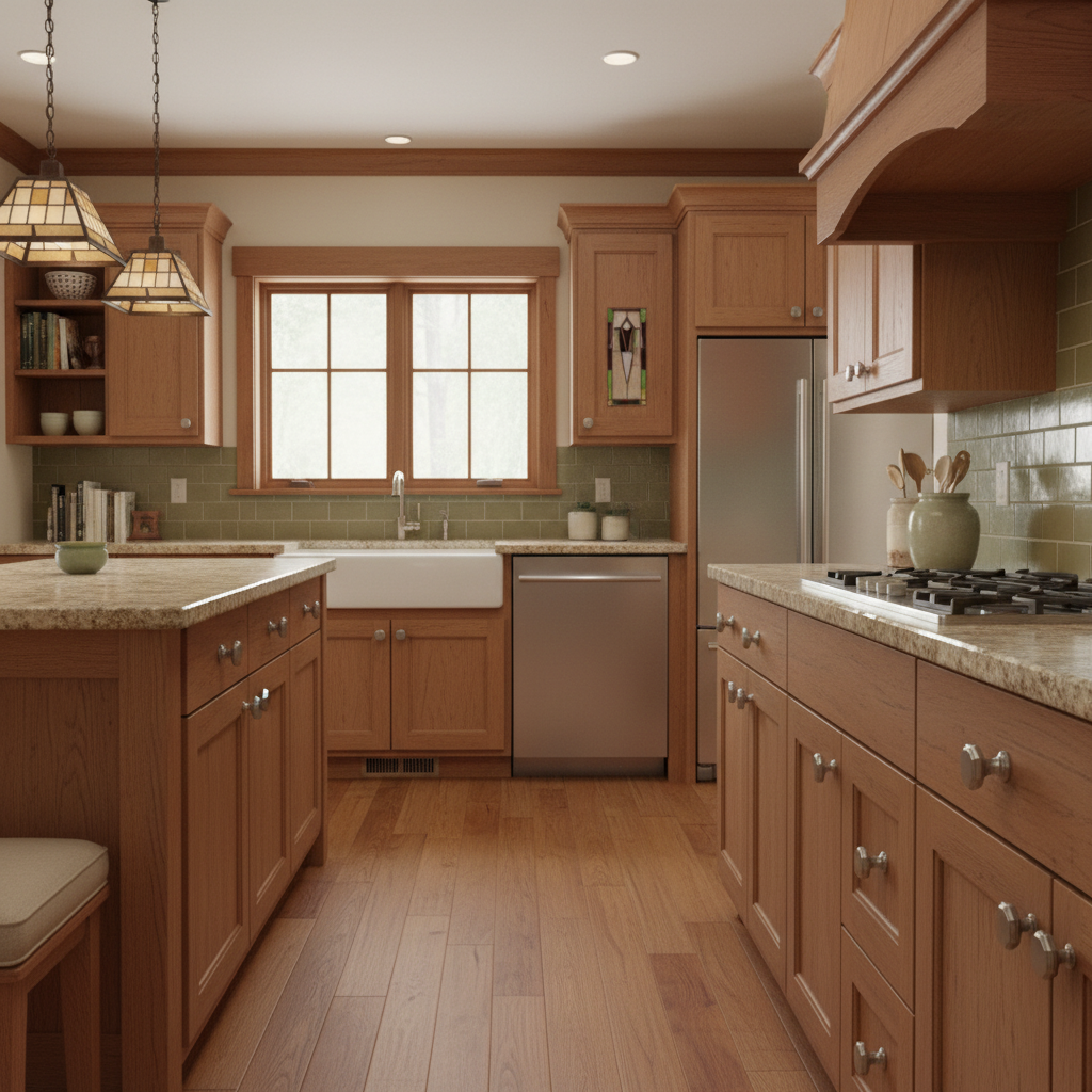 Modern kitchen with wooden cabinets, stainless steel appliances, and a large window.
