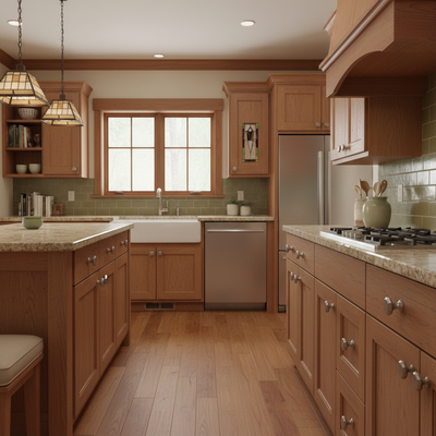 Modern kitchen with wooden cabinets, stainless steel appliances, and a large window.
