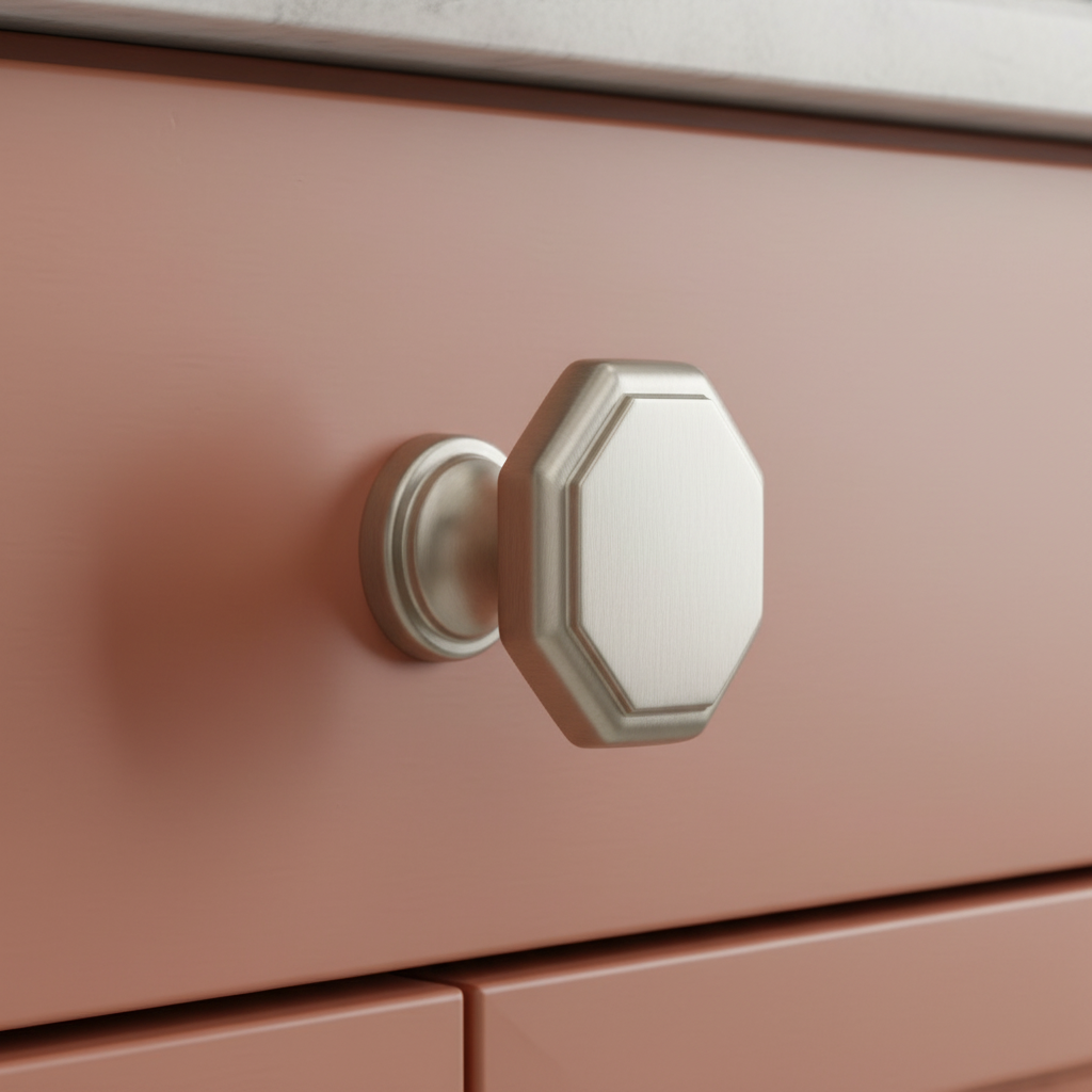 Octagon shaped knob on a terracotta drawer 