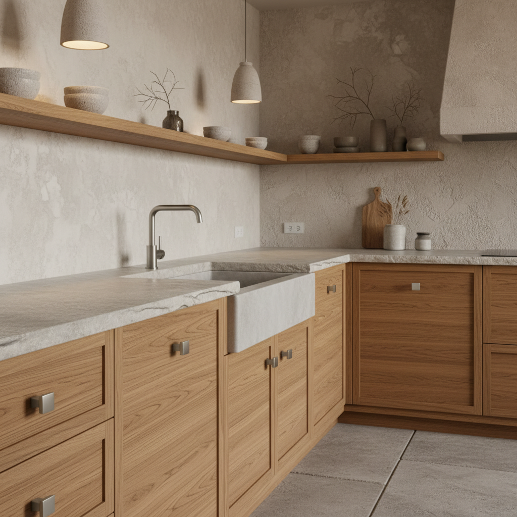 Modern kitchen with wooden cabinets, marble countertops, and neutral color scheme.