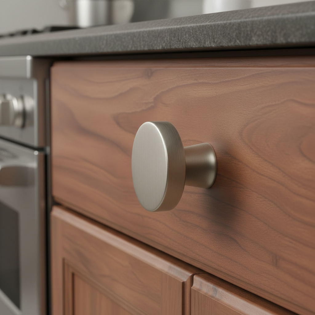 Wooden kitchen cabinet with a metallic handle