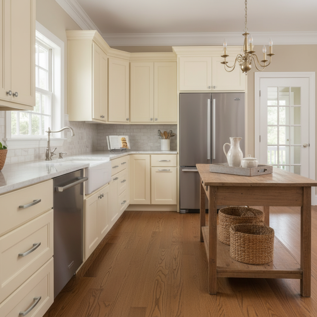 Modern kitchen with light wood cabinets, stainless steel appliances, and a wooden island.