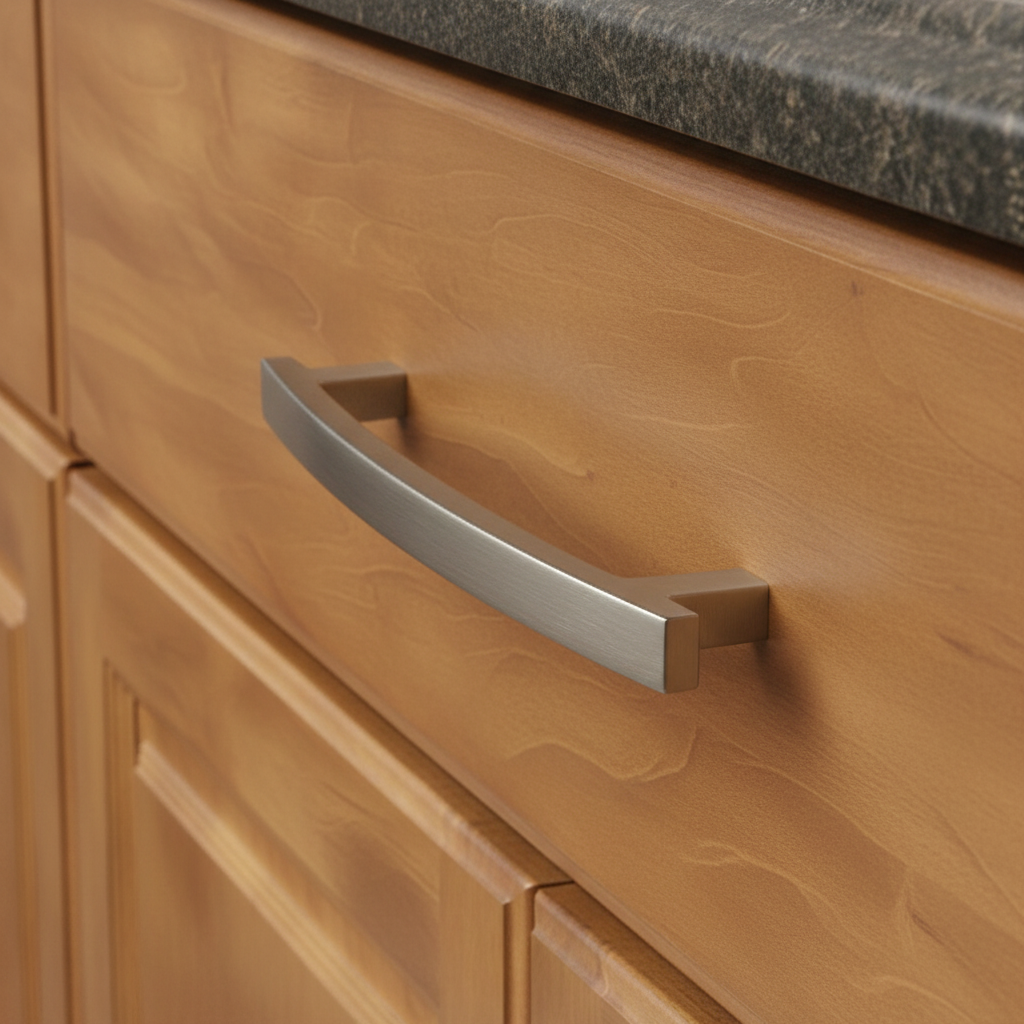 Wooden cabinet with a metallic handle on a kitchen counter