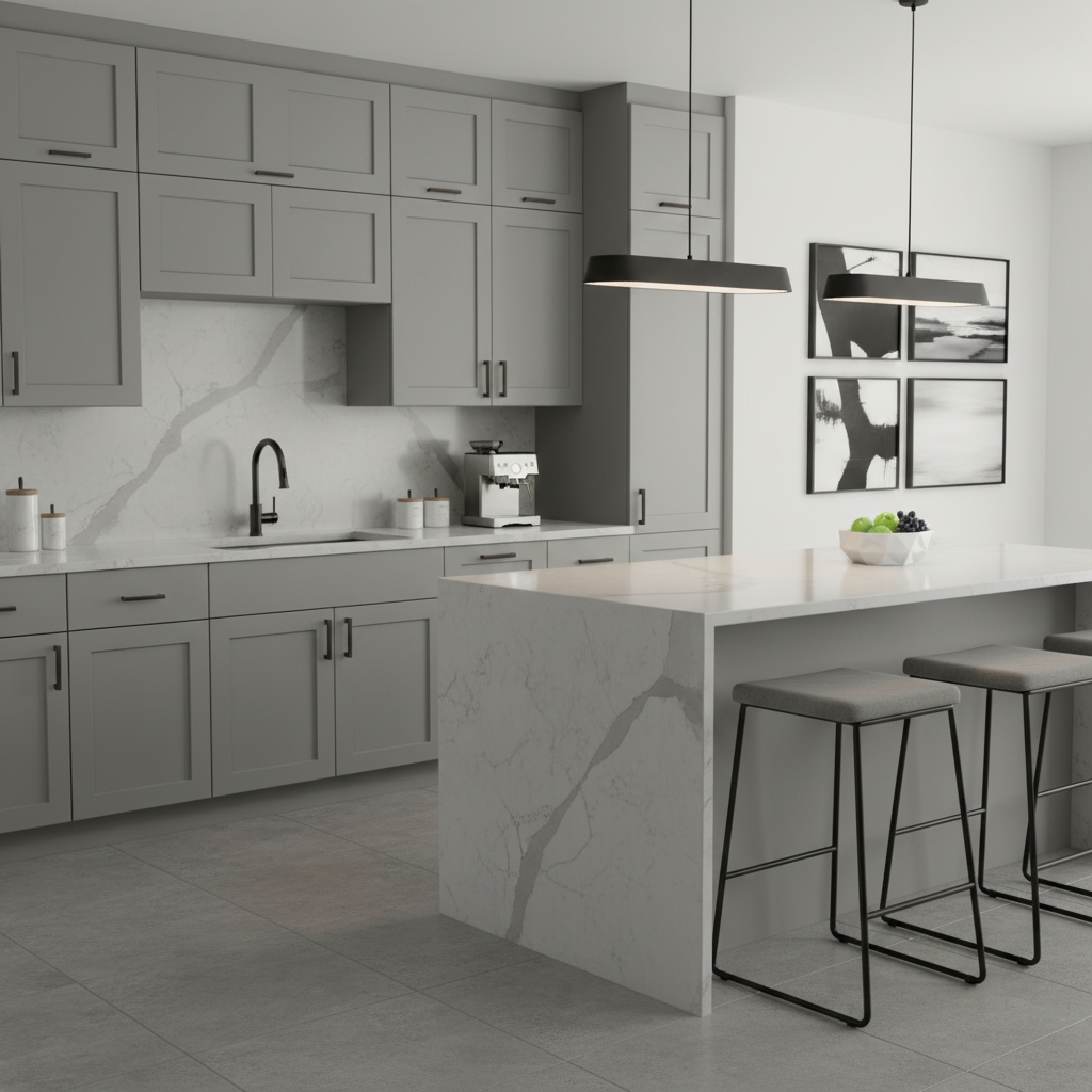 oil rubbed bronze cabinet pull on a gray contemporary kitchen cabinets 1:1 ratio 
