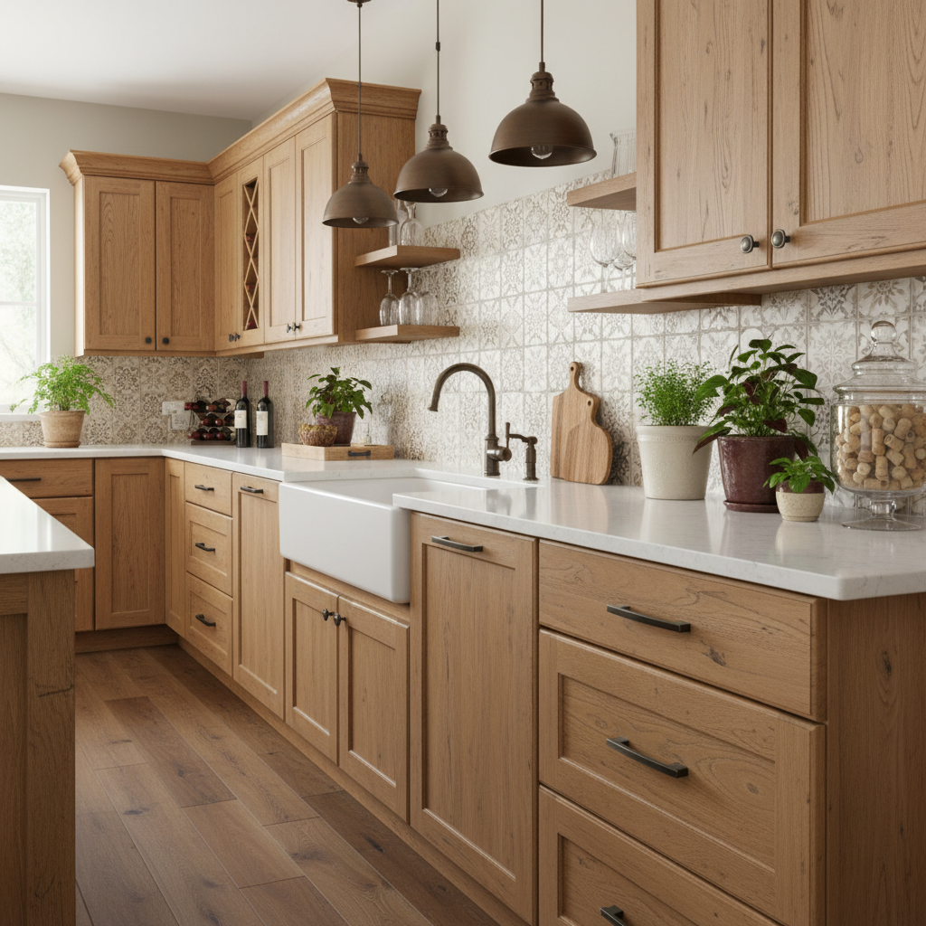 oil rubbed bronze cabinet pulls in a  kitchen with wooden cabinets, white countertops, and decorative elements.