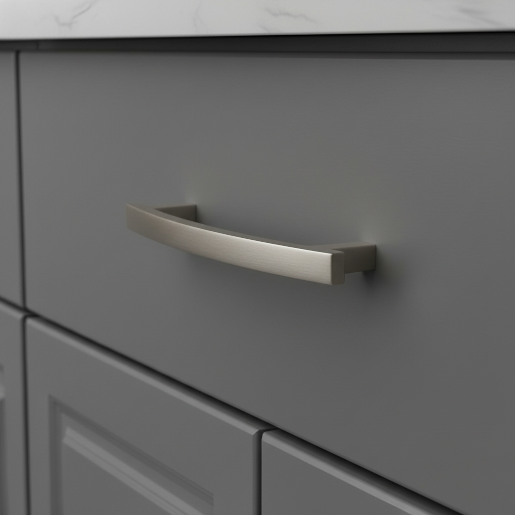Gray cabinet with a metallic handle on a neutral background
