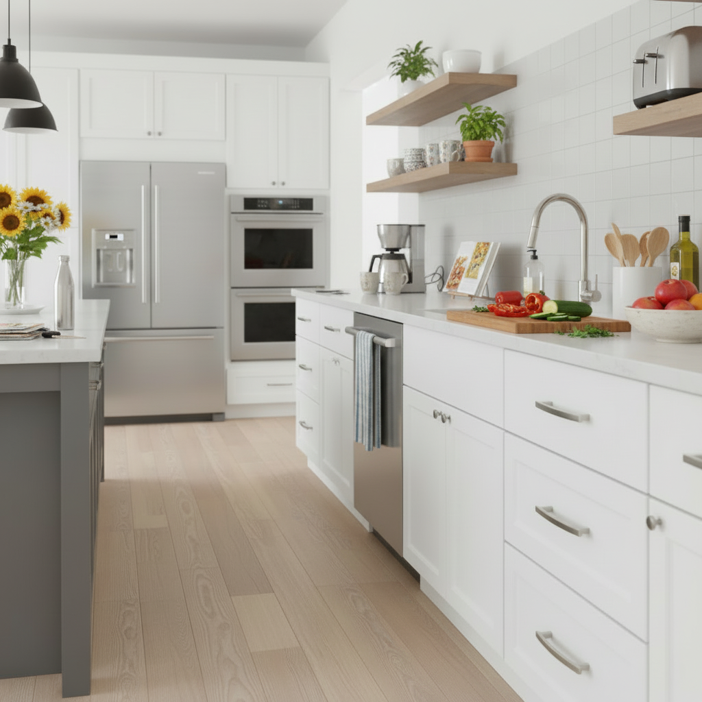 Modern kitchen with white cabinets, stainless steel appliances, and a wooden floor.