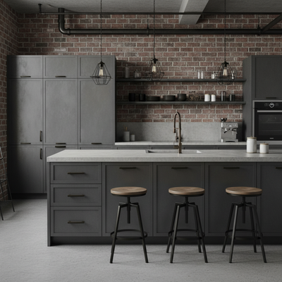 Industrial kitchen with oil rubbed bronze cabinet pulls 
