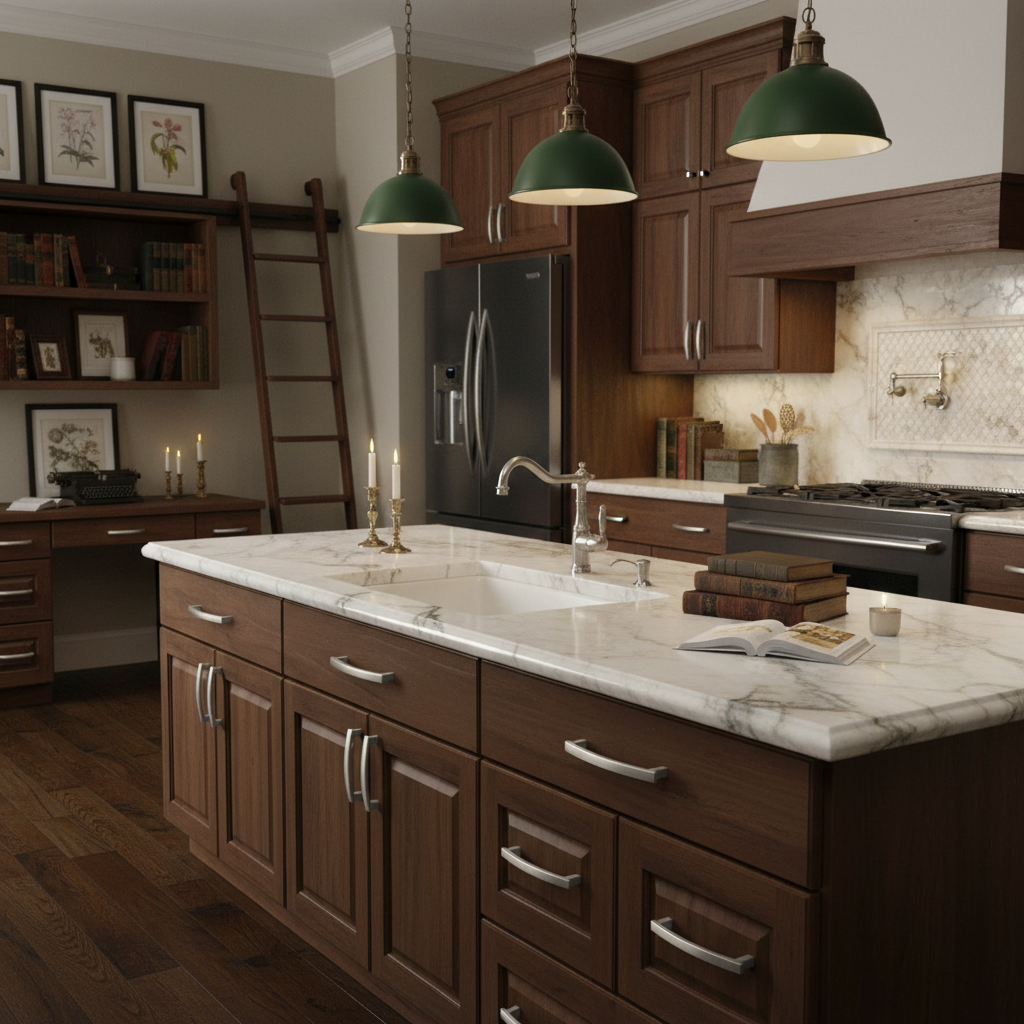 Dark wooden cabinets, with satin nickel modern pulls, a marble island, and green pendant lights.