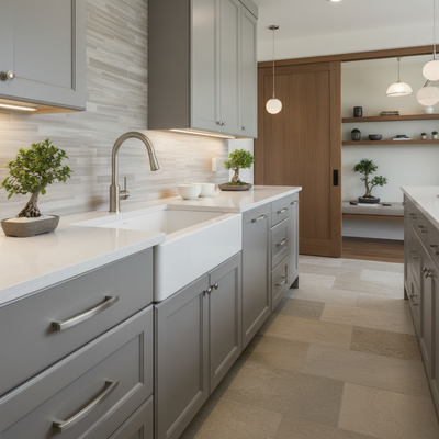 Modern kitchen with gray cabinets, white countertop, and stainless steel fixtures.