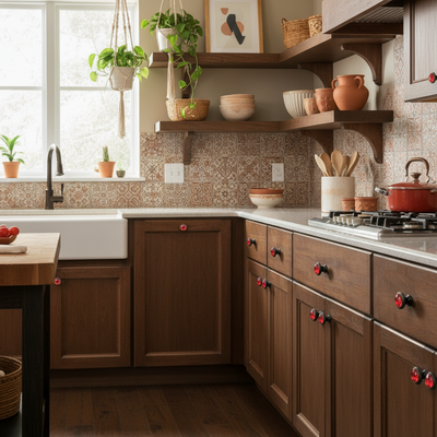 eclectic kitchen with dark brown cabinets and bright red glass cabinet knobs 