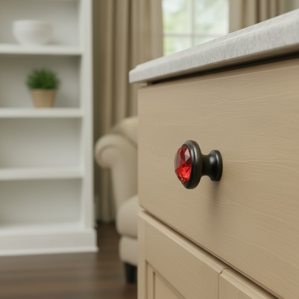 bright red glass cabinet knob with a oil rubbed bronze base on a tan cabinet drawer 

