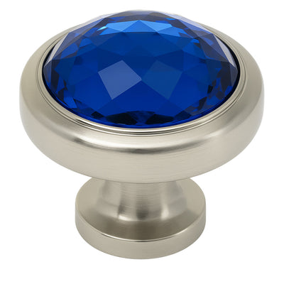 Satin nickel &amp; blue glass round cabinet knob