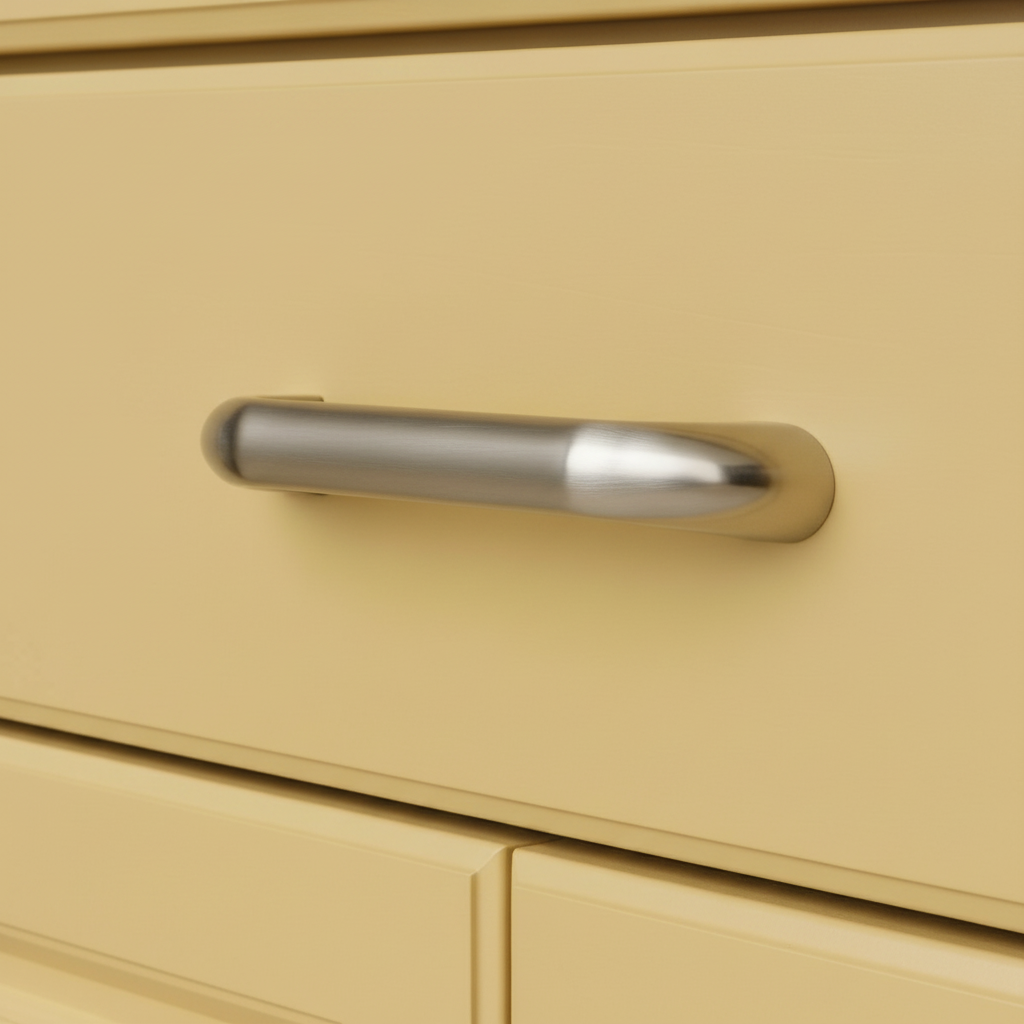 Close-up of a beige cabinet with a metallic handle