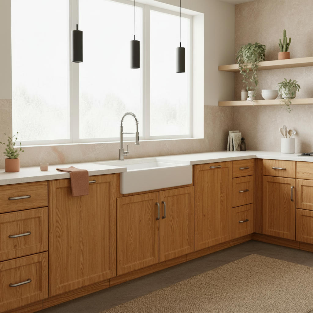 Modern kitchen with wooden cabinets, white countertop, and large window.
