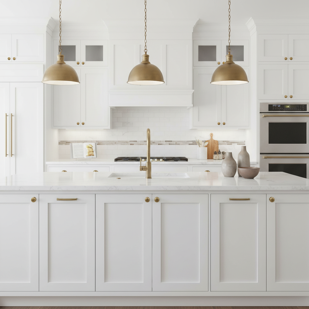 Modern kitchen with white cabinets, gold fixtures, and pendant lights.