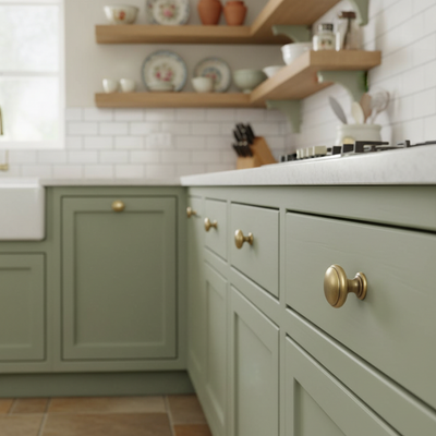 Kitchen with green cabinets, white countertop, and wooden shelves with kitchenware.
