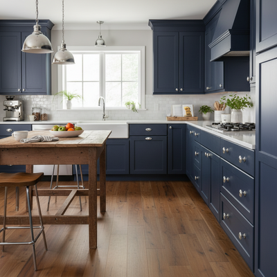 chrome door handle  knob on in a navy kitchen