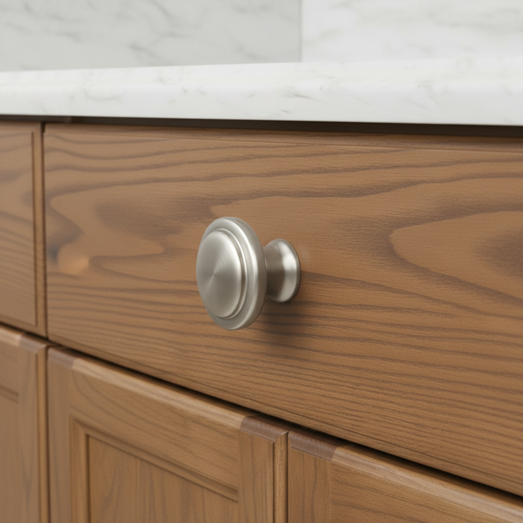 Wooden cabinet with a solid round silver knob