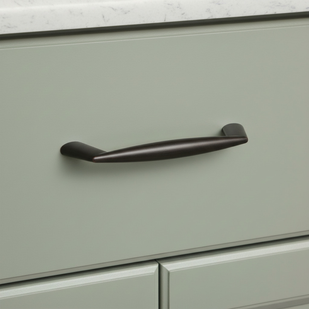 Green cabinet with a black handle on a white countertop