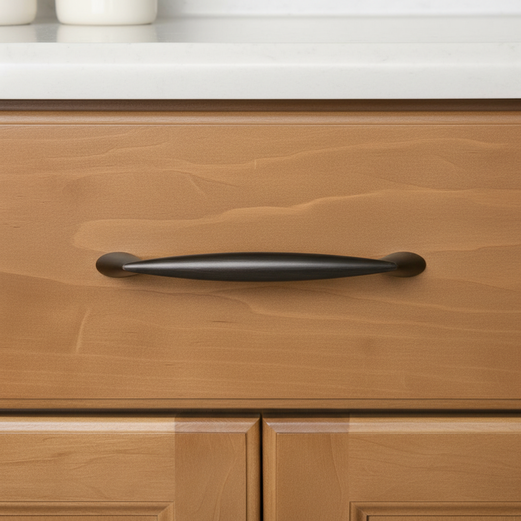 Wooden cabinet with a black handle on a white countertop
