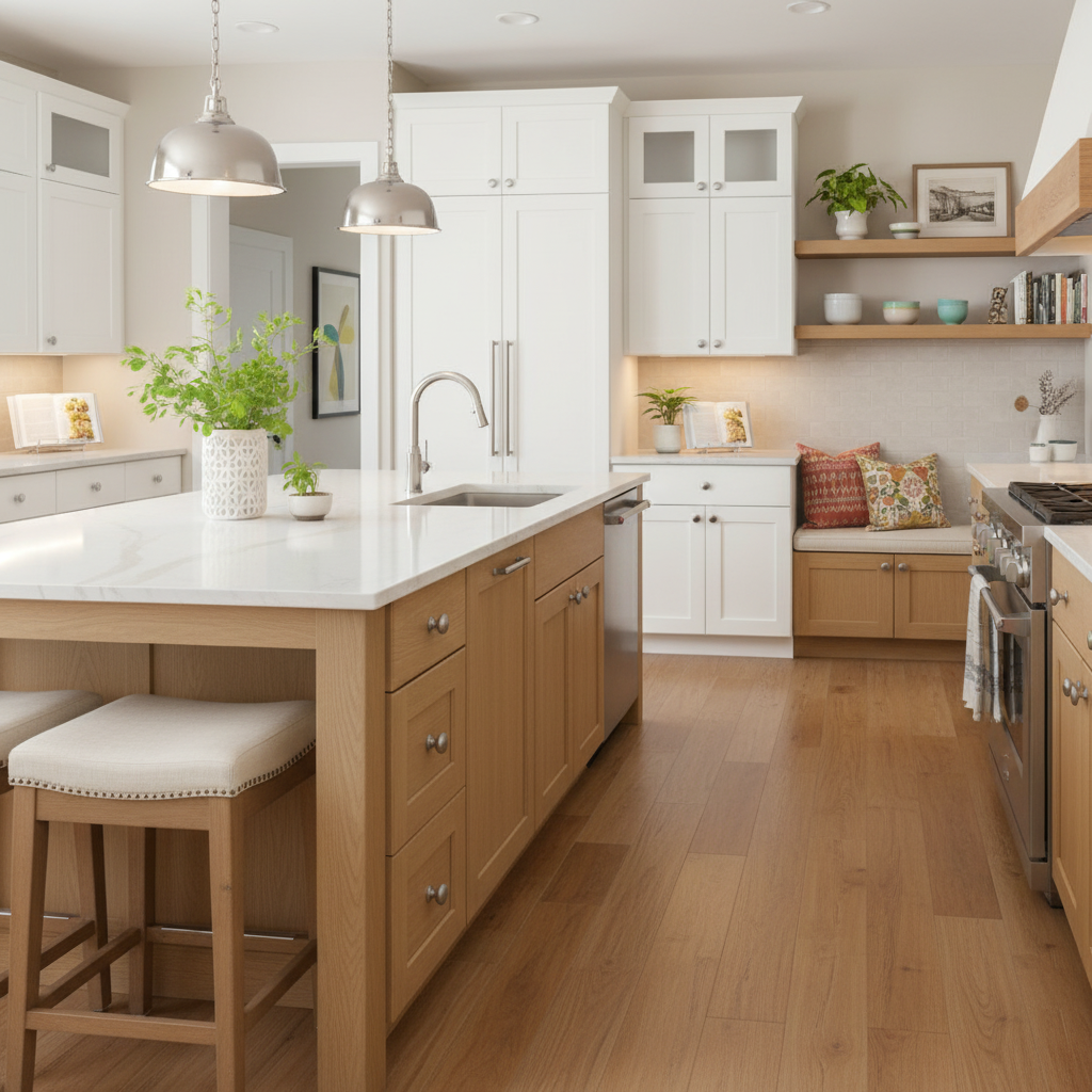 Modern kitchen with white cabinets, wooden island, and stainless steel appliances.