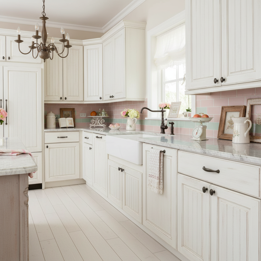 White kitchen with marble countertops and decorative elements
