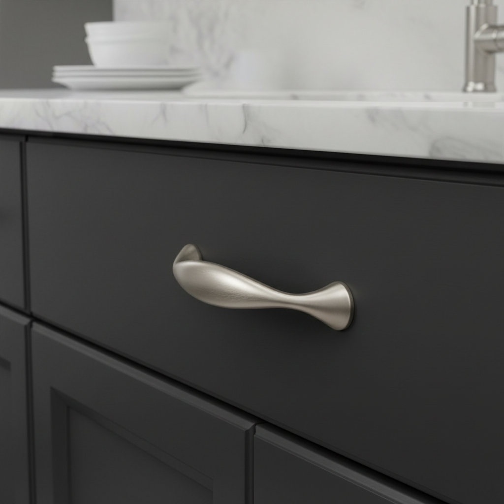 Black cabinet with a silver handle on a kitchen counter.