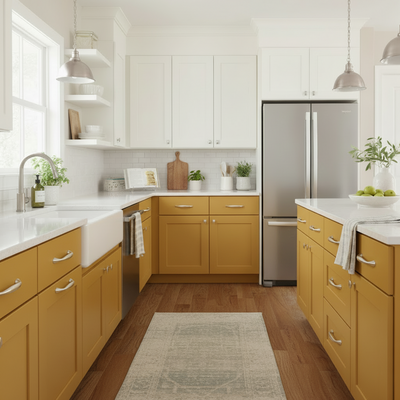 Modern kitchen with yellow cabinets, stainless steel appliances, and white countertops.