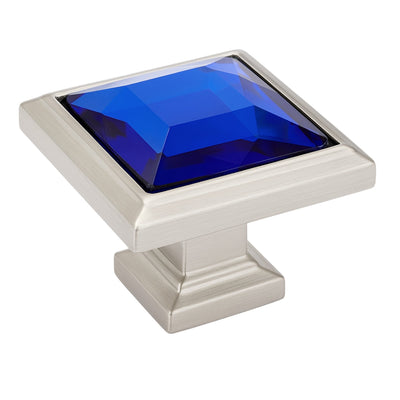 Satin nickel &amp; blue glass square cabinet knob