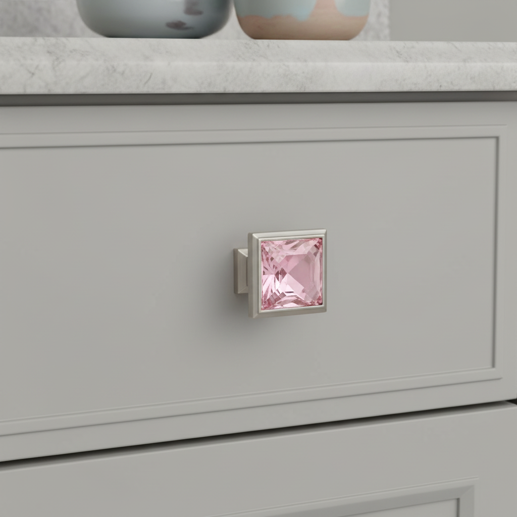 Cosmas 5883SN-P Satin Nickel &amp; Pink Glass Square Cabinet Knob