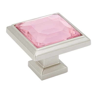 Satin nickel &amp; pink glass square cabinet knob