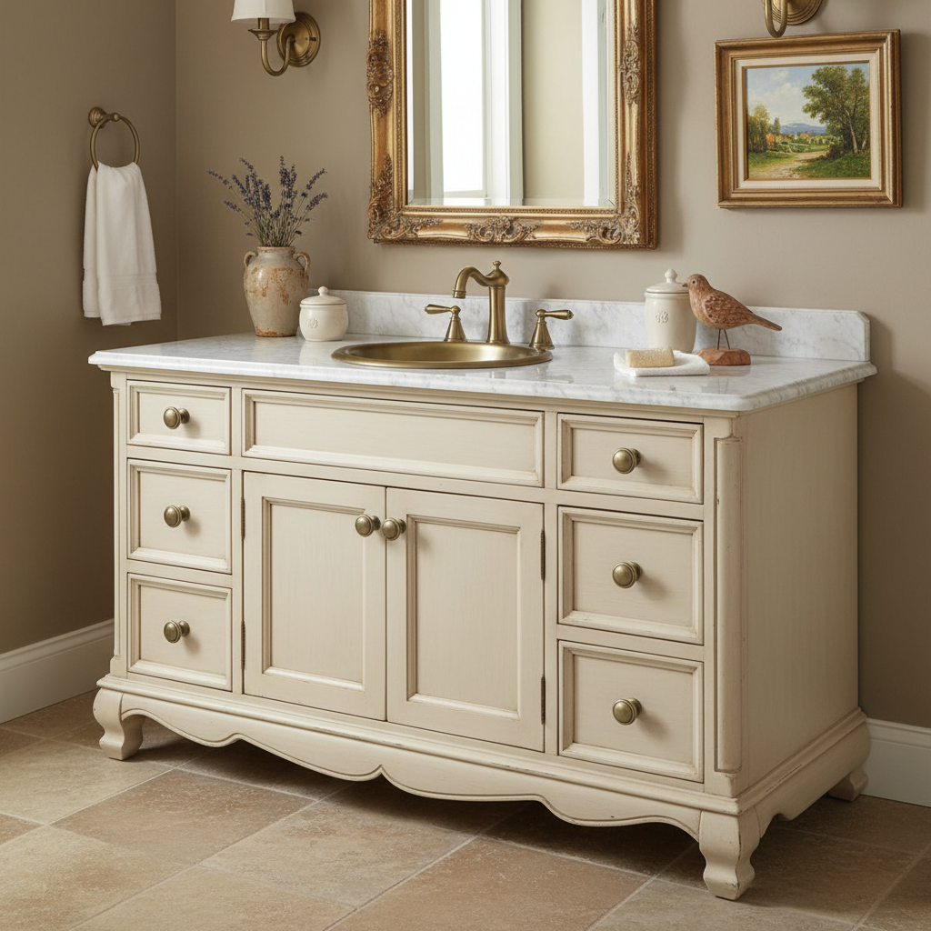 brushed antique brass round cabinet knobs on a antique ivory bathroom vanity in a French Country bathroom design 
