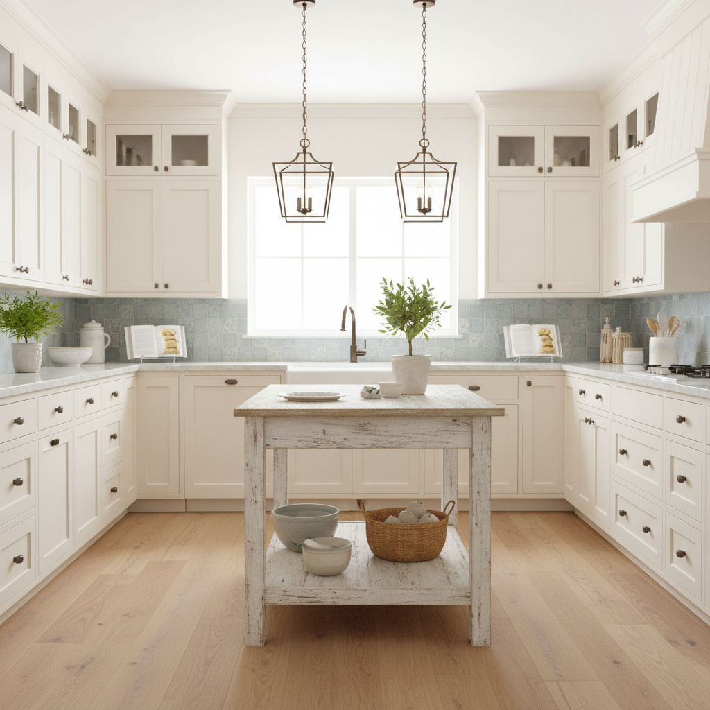 oil rubbed bronze round cabinet knobs in a coastal kitchen with white cabinets, wooden floor, and a central island.