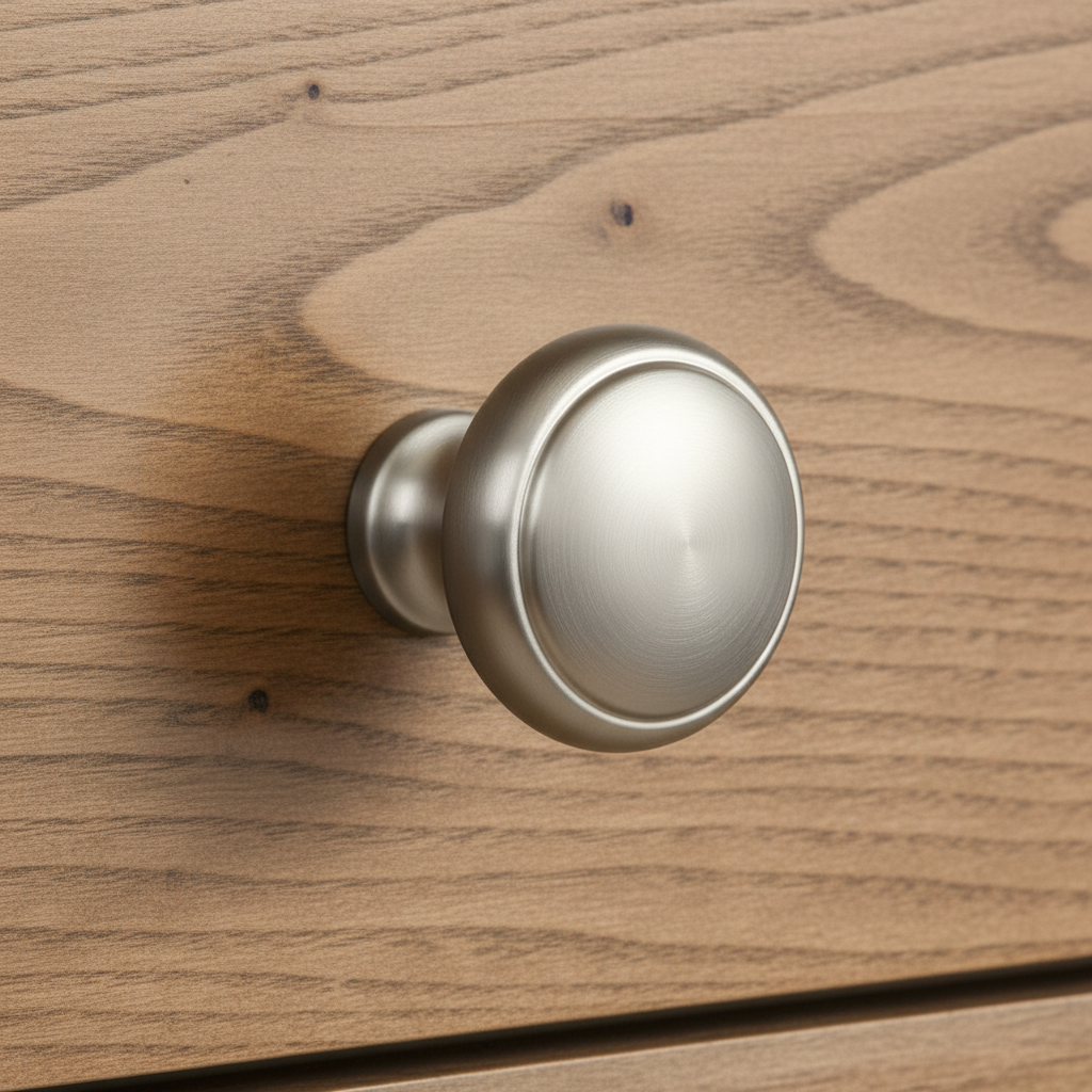 satin nickel solid door knob on a wooden door