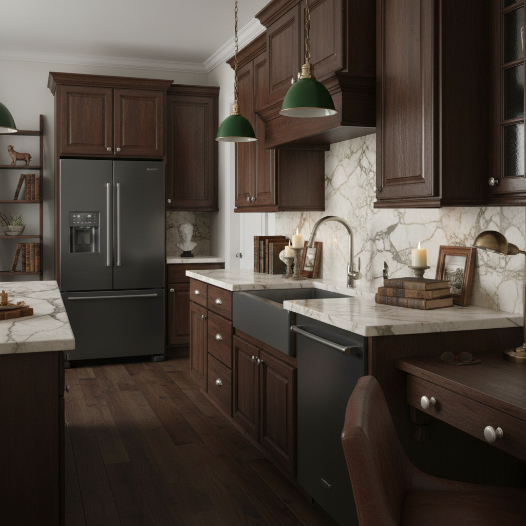 Satin nickel cabinet knobs round on a modern kitchen with dark wood cabinets, marble countertops, and stainless steel appliances.