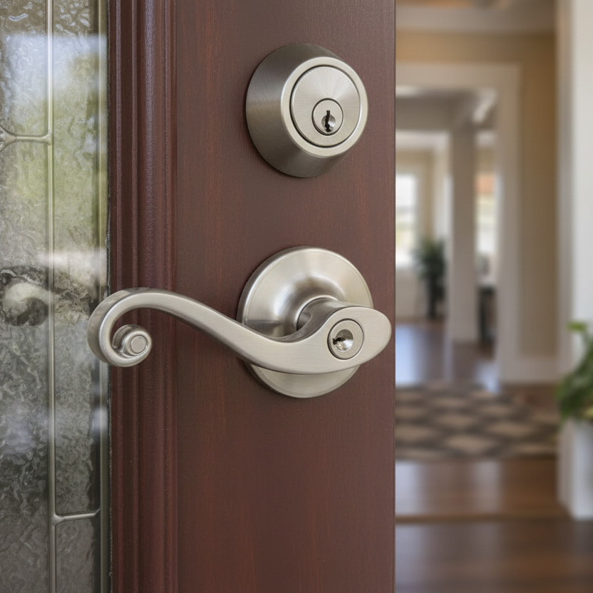 Livingston Satin Nickel Entry Lever with Matching Single Cylinder Deadbolt Combo Pack