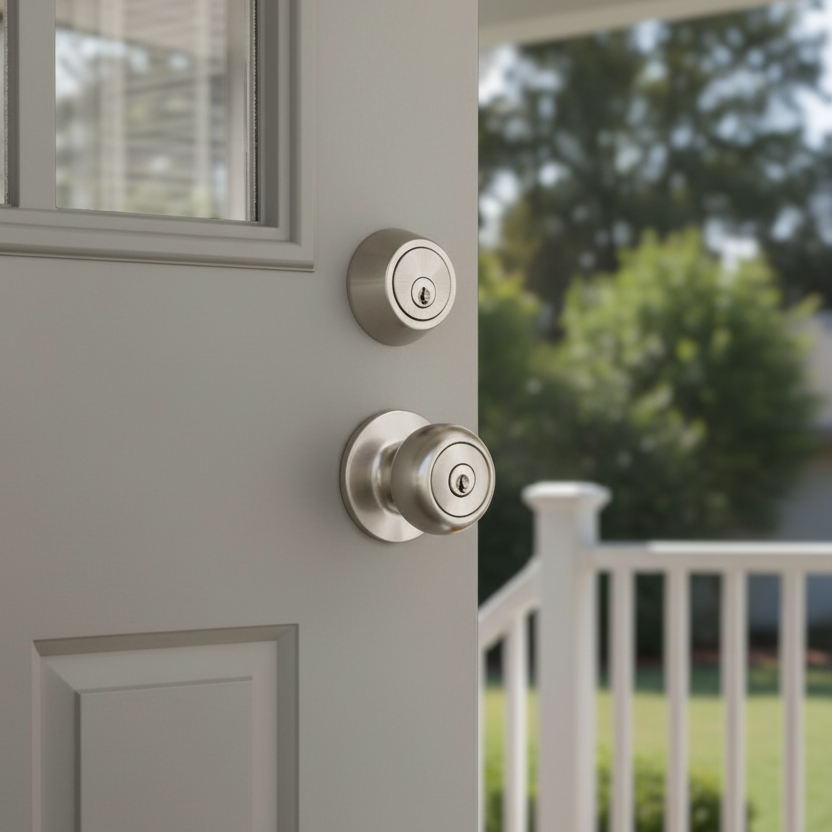 Bedford Satin Nickel Entry Knob with Matching Single Cylinder Deadbolt Combo Pack