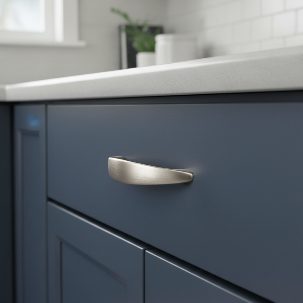 Blue cabinet with a silver handle in a kitchen setting