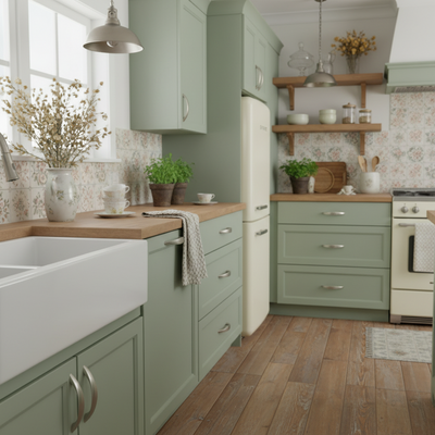SATIN NICKEL CABINET HARDWARE ON GREEN CABINETS 