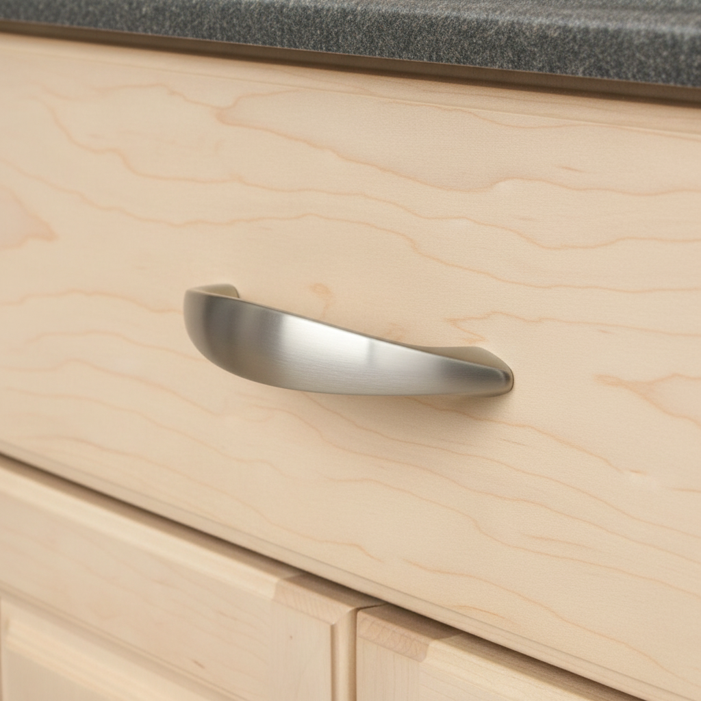 satin nickel cabinet handle on a wooden drawer with a gray countertop.