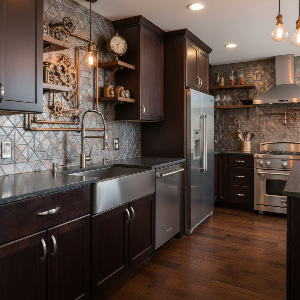satin nickel cabinet handles on dark cabinets in a modern vibe kitchen 