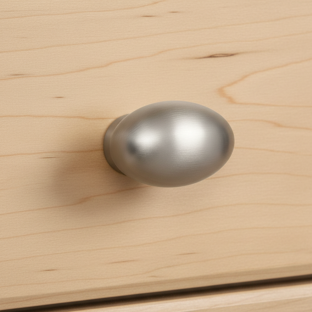satin nickel cabinet knob on a wooden drawer