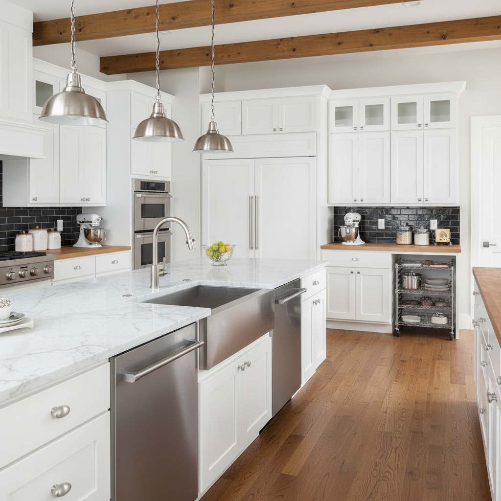 Modern kitchen with white cabinets, stainless steel appliances, and wooden flooring.